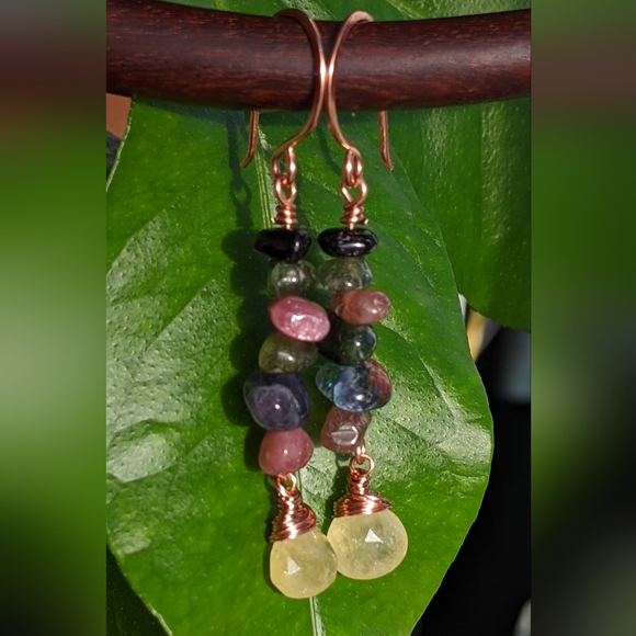 Rainbow Tourmaline Gemstone Earrings Artisan Copper Wire Wrap Design - Picture 7 of 14